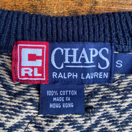 90s 【CHAPS Ralph Lauren】 ヘリンボーン総柄 Vネック コットンニットセーター ネイビー S