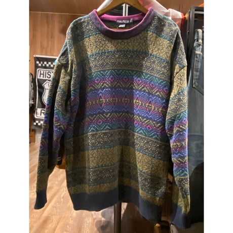 90s VINTAGE 【NAUTICA】 総柄ニットセーター L アースカラー マルチカラー コットン