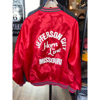 80s USA製 【Dunbrooke】 ナイロン サテン スタジャン XL レッド Jefferson City Marching Jay Band ホーンライン 企業物