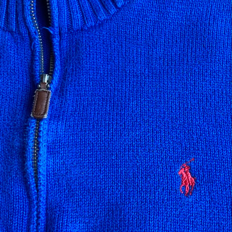 【POLO RALPH LAUREN】ハーフジップ コットンニット ロイヤルブルー Lサイズ レザー引手