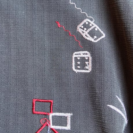 CHEROKEE カジノ・ラスベガス柄 刺繍 オープンカラーシャツ レーヨン混 チャコールグレー Lサイズ