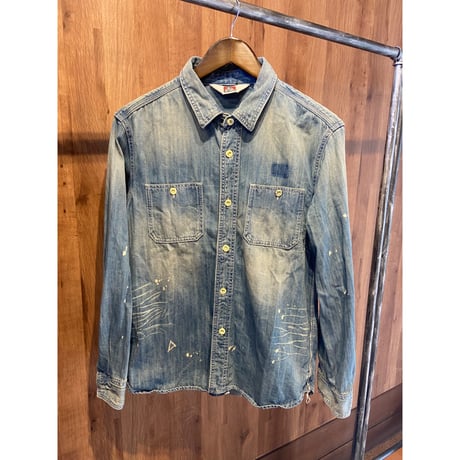 【BEN DAVIS】ヴィンテージ加工 シャンブレー ワークシャツ バックプリント L