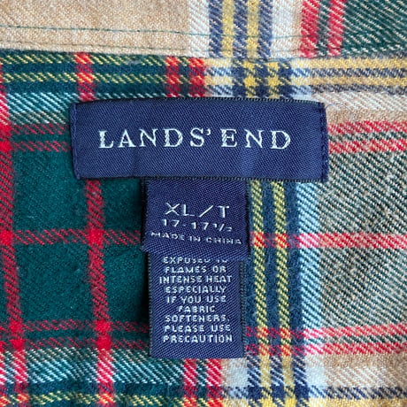 【LANDS' END】厚手コットン ネルシャツ ベージュ系 チェック柄 ボタンダウン