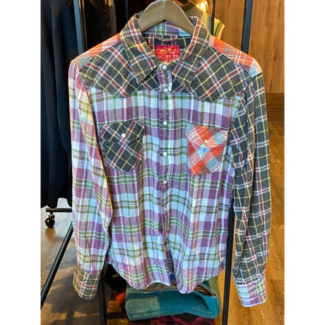 【Woolrich】クレイジーパターン チェック ウエスタンシャツ (L) パッチワーク マルチカラー スナップボタン