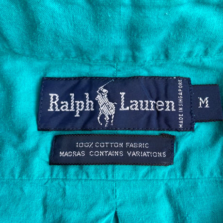 希少90s 【Ralph Lauren】 無地マドラス コットンシャツ ターコイズブルー×ピンク刺繍 M