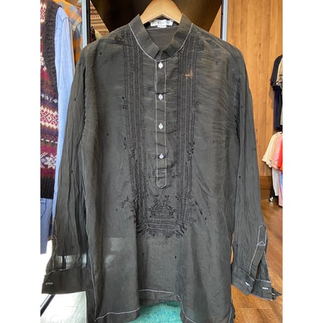 希少 MyBarong.com 100% シルク バロンタガログ 刺繍 シャツ L 古着 フィリピン民族衣装 立ち襟 アジアン