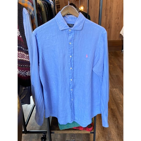 【POLO Ralph Lauren】リネンシャツ Ｌ ブルー系 麻100％ ポニー刺繍
