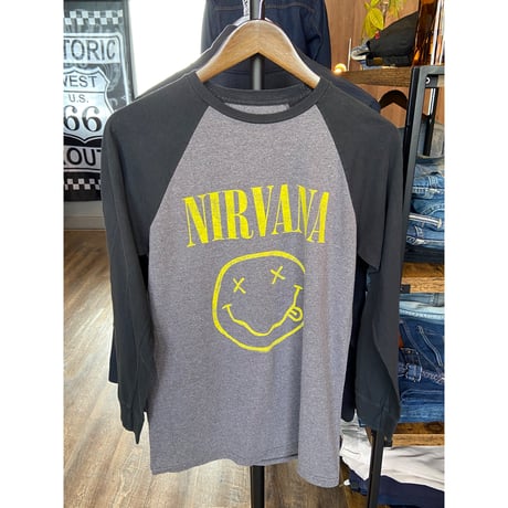 【NIRVANA】 ラグラン ロングTシャツ M グレー×ブラック スマイリープリント