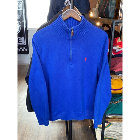 【POLO RALPH LAUREN】ハーフジップ コットンニット ロイヤルブルー Lサイズ レザー引手