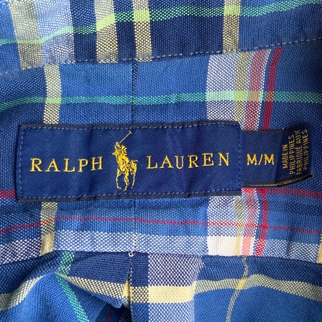 【RALPH LAUREN 】コットン100% ボタンダウンシャツ ブルー系マルチカラー M