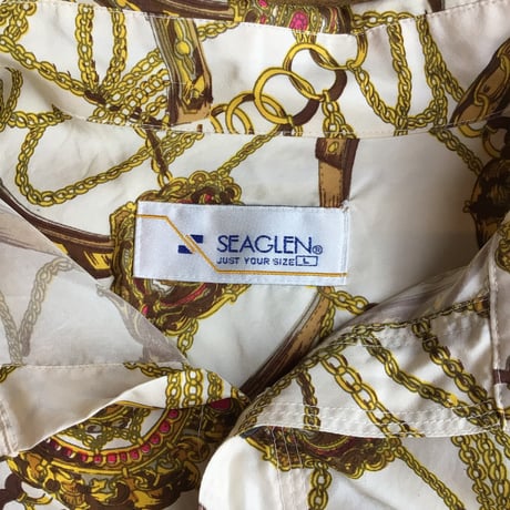 【SEAGLEN】 総柄 チェーン ビジュー 長袖シャツ ホワイトベース L レトロ