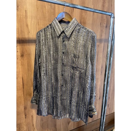 【STUART DAVIS】イタリア製 総柄シアーシャツ ラメストライプ 刺繍入り