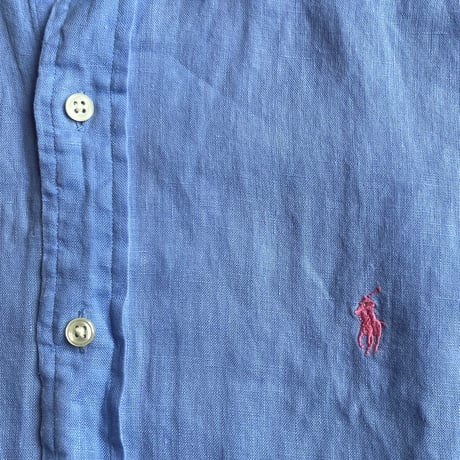 【POLO Ralph Lauren】リネンシャツ Ｌ ブルー系 麻100％ ポニー刺繍