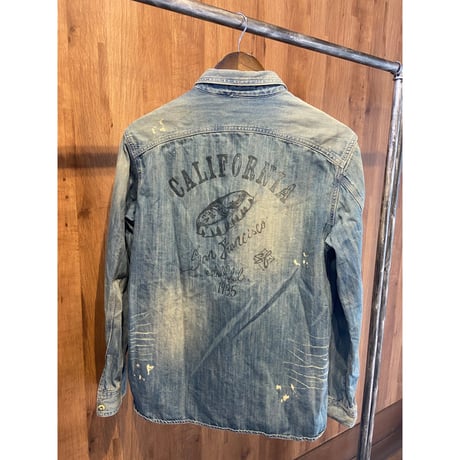 【BEN DAVIS】ヴィンテージ加工 シャンブレー ワークシャツ バックプリント L
