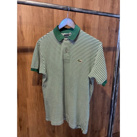 80s-90s【CHEMISE LACOSTE】文字ワニ  鹿の子 ボーダー ポロシャツ 4 グリーン×ホワイト 大沢商会 日本製