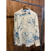 【Polo Ralph Lauren】 100%リネン マリン総柄プリント ボタンダウンシャツ M ホワイト×ブルー