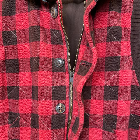 【DENIM & SUPPLY RALPH LAUREN】バッファローチェック キルティングベスト M  赤黒 ジップアップ 中綿入り コーデュロイ襟