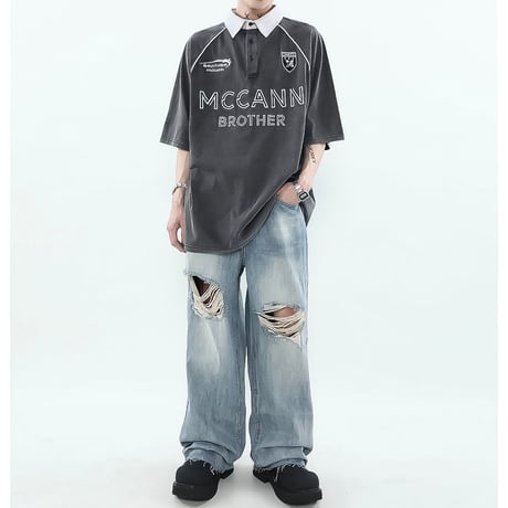 washed raglan oversized polo　VM1037