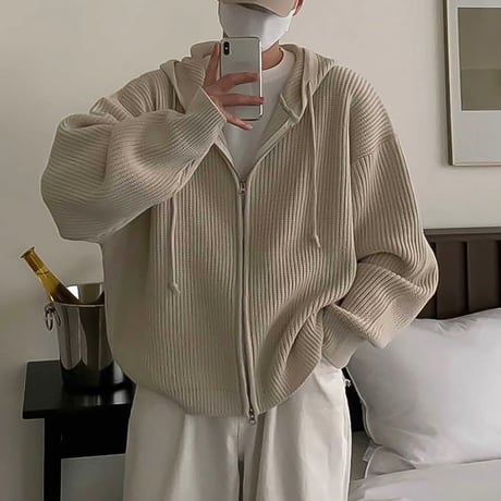 ribbed zip up knit hoodie /2color　VG1320