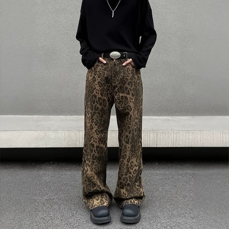 leopard pattern wide denim pants　VM1054