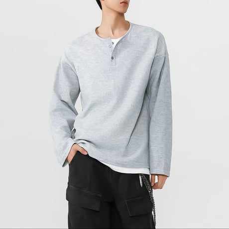 relaxed waffle henley neck top /2color　VM1043