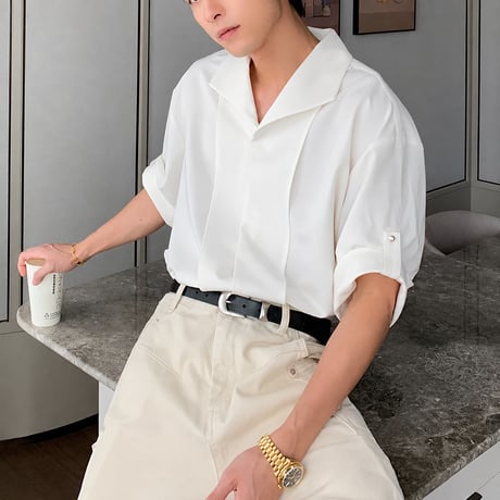 minimal open collar tuck shirt /3color　VM1109