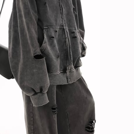 chemical damaged zip hoodie　VM1013