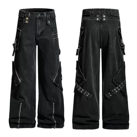 multi-zip belted wide denim　VM1049