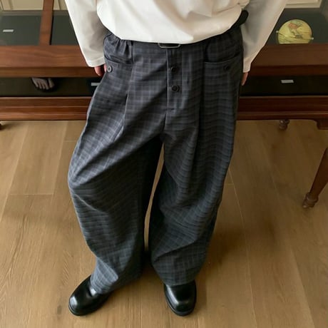 button detail wide check pants　VG1153