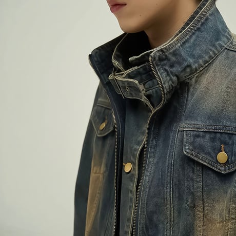 damaged loose zip-up denim jacket　VM1045
