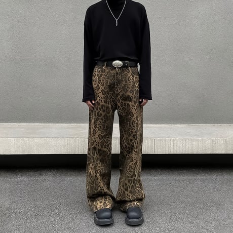 leopard pattern wide denim pants　VM1054