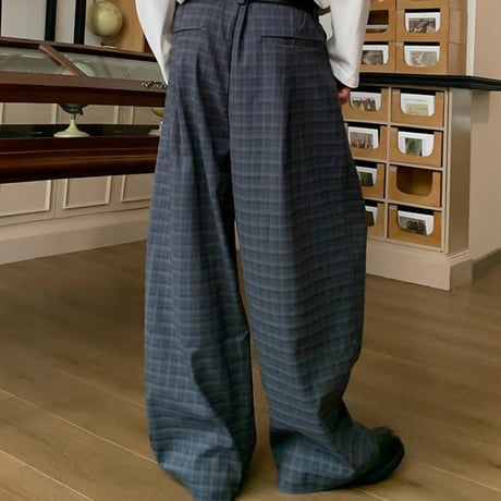 button detail wide check pants　VG1153