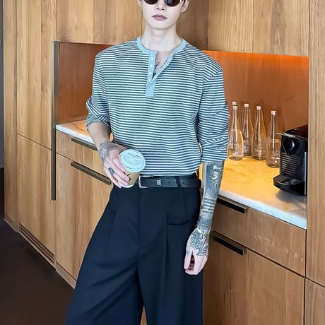 striped slim henley neck tee /3color　VG1305