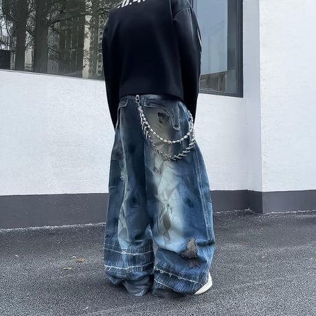 grunge patchwork zip wide denim　VM1065