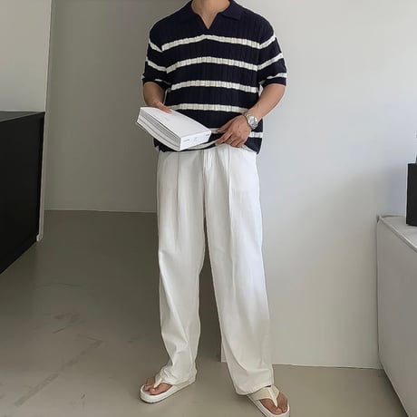 cable knit striped skip polo /2color　VG1329