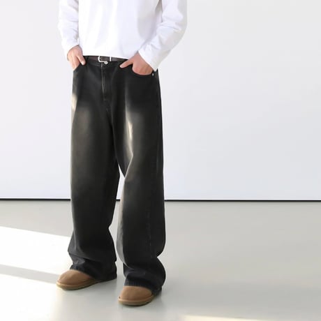 vintage black wide denim pants　VG1057