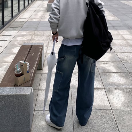 carpenter washing wide denim pants /4color　VG1108