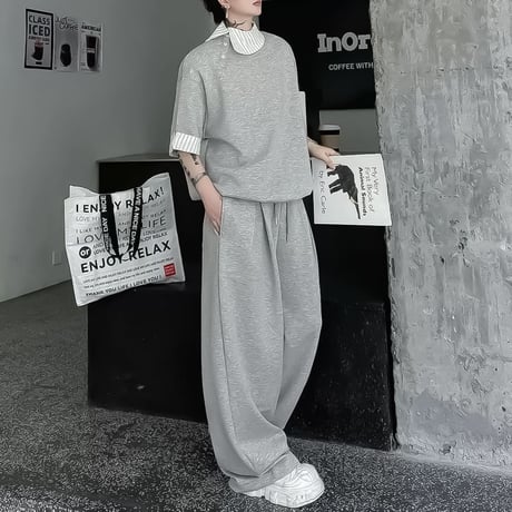 layered look short sleeve sweatshirt setup /2color　VM1159
