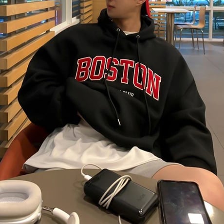 boston logo drop shoulder hoodie /2color　VG1015