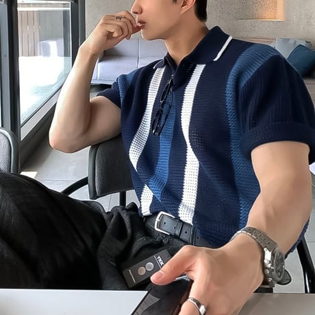 retro striped knit polo /2color　VG1328