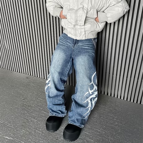 tribal print baggy denim pants　VM1062