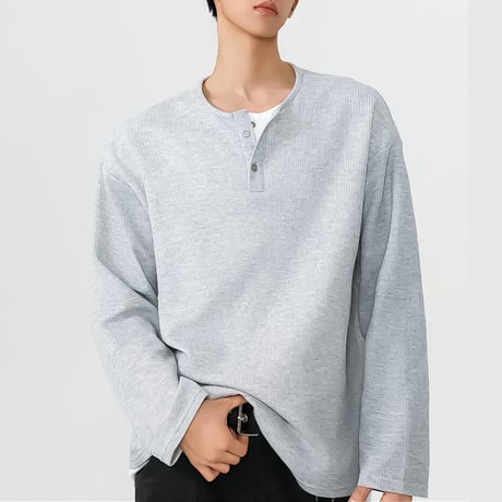 relaxed waffle henley neck top /2color　VM1043