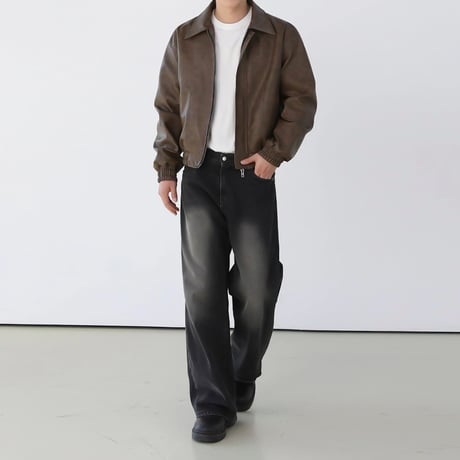 vintage black wide denim pants　VG1057
