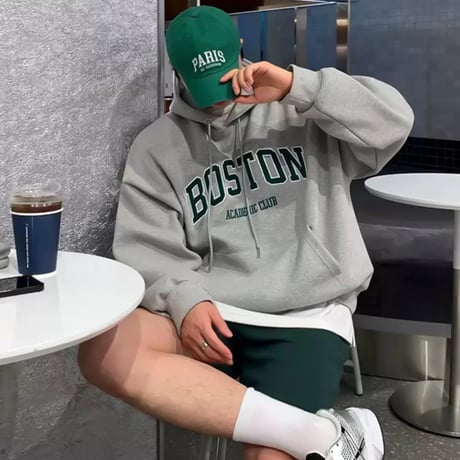boston logo drop shoulder hoodie /2color　VG1015