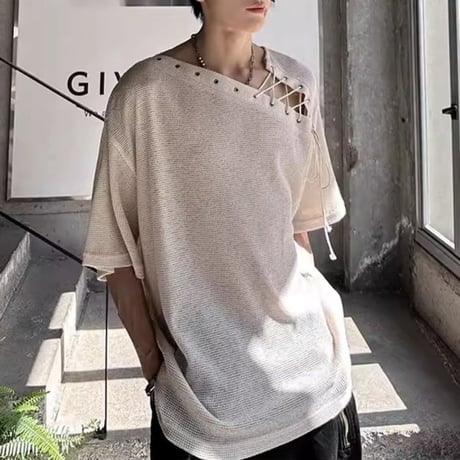 asymmetric lace-up knit t-shirt /2color　VM1161