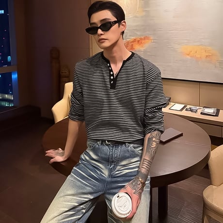 striped slim henley neck tee /3color　VG1305