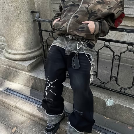 street mode camo layered wide denim　VM1090