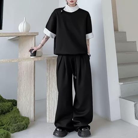 layered look short sleeve sweatshirt setup /2color　VM1159