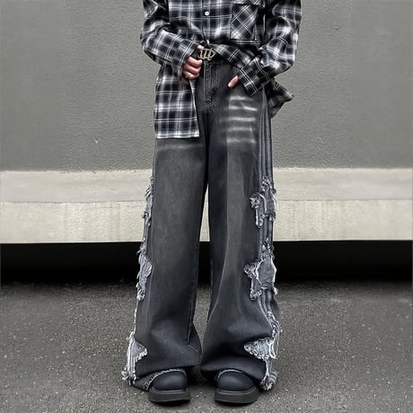 side star applique wide denim /2color　VM1055