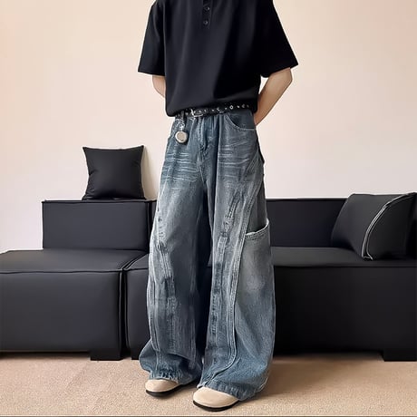 3d curved wide denim pants　VM1046